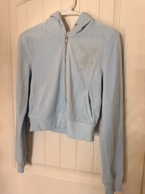 PLAYBOY Baby Blue Rhinestone Bunny Zip Hoodie